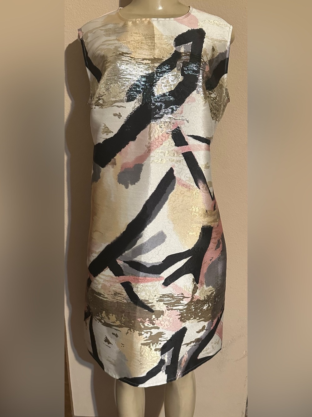 Ming Wang Abstract Brushstroke Dress in Black, Pink & Gold